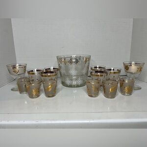 Vintage 15 Pc MCM Gold Wheat Foliage Etched Leaf Bar Set